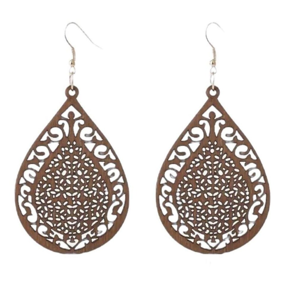 Brown Wood Carved pattern droplet shaped Dangle,‎ Earrings retro Ethnic Style